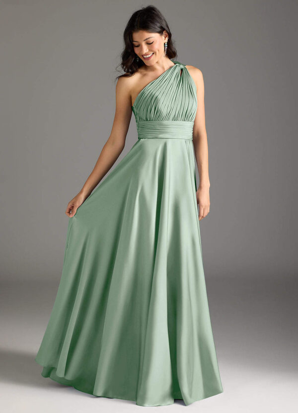 Elegant One-Shoulder Bridesmaid Dress – A-Line & Pleated Satin