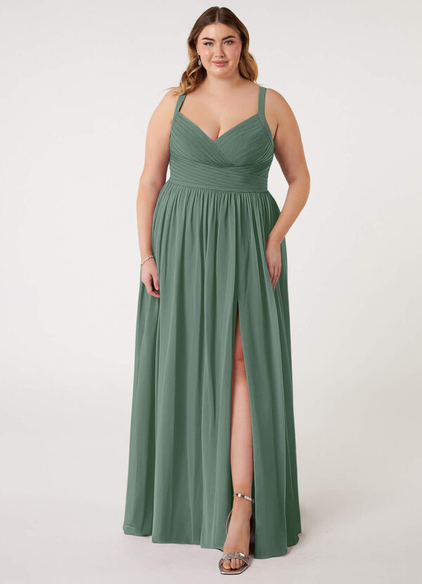 Elegant A-Line Bridesmaid Dress – Pleated, V-Neck, Leg Slit
