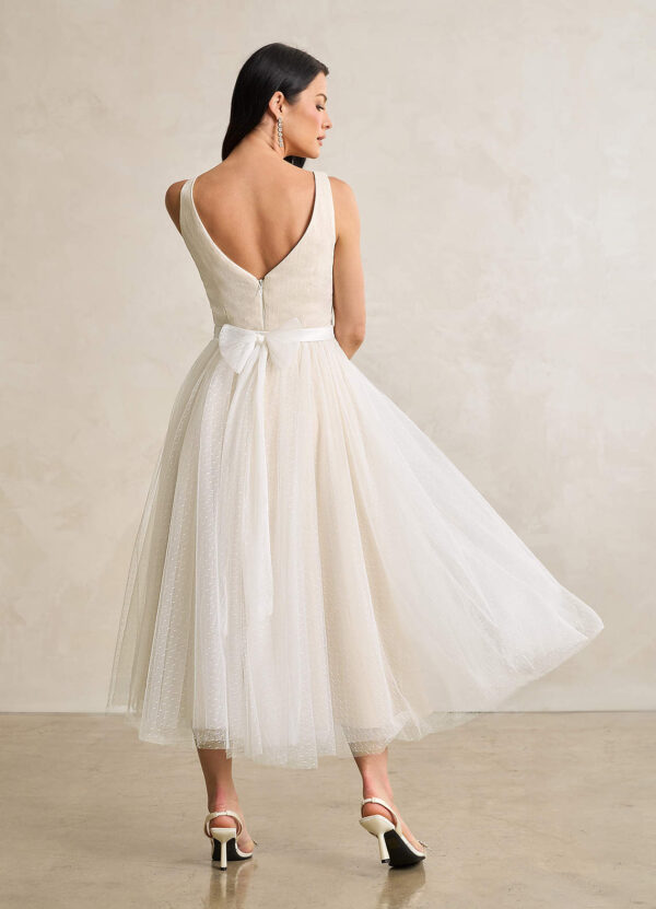 Elegant Tea-Length Custom Wedding Dress – Bows & V-Neck