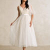 Elegant Tea-Length Custom Wedding Dress – Bows & V-Neck