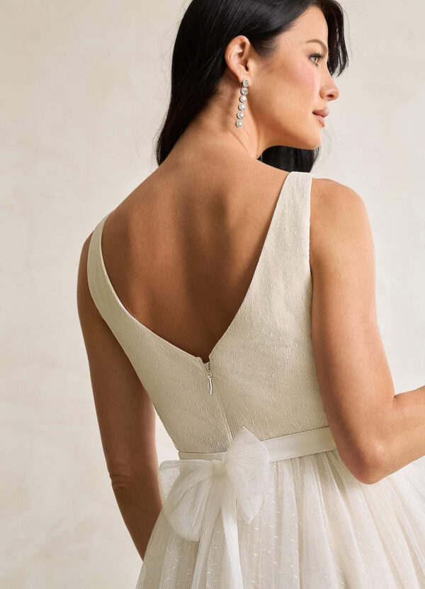 Elegant Tea-Length Custom Wedding Dress – Bows & V-Neck