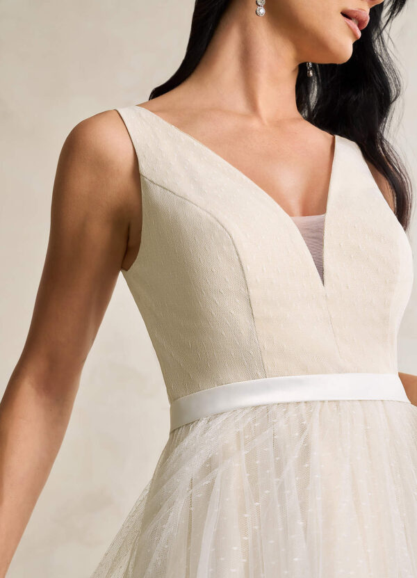 Elegant Tea-Length Custom Wedding Dress – Bows & V-Neck