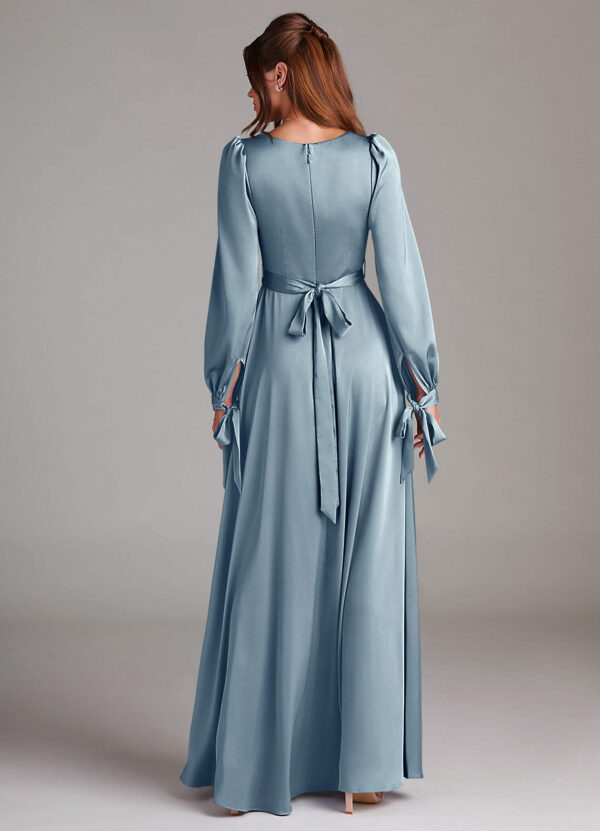 A-Line Satin Bridesmaid Dress with Slit & Bow