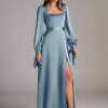 A-Line Satin Bridesmaid Dress with Slit & Bow