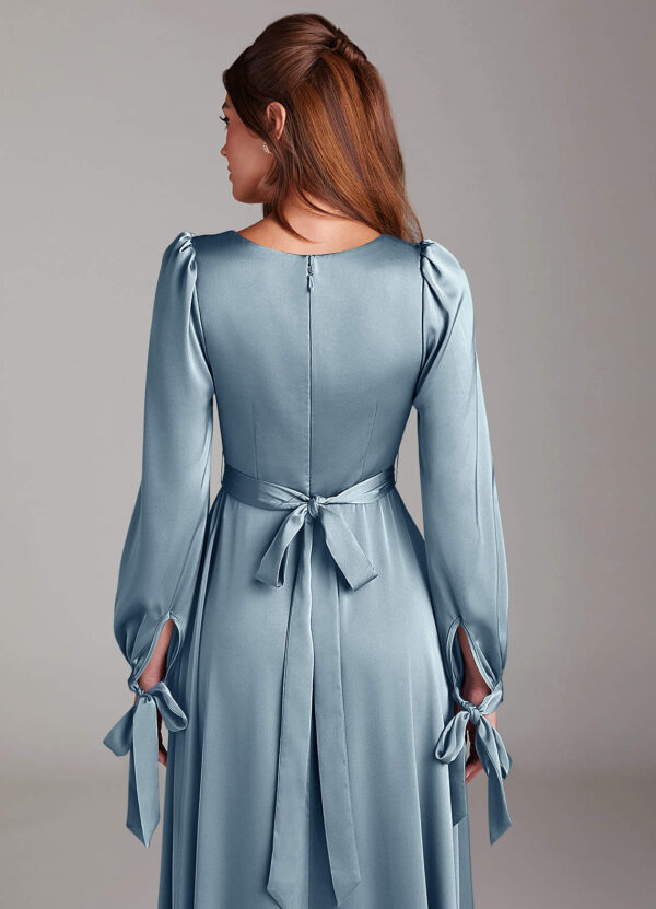 A-Line Satin Bridesmaid Dress with Slit & Bow