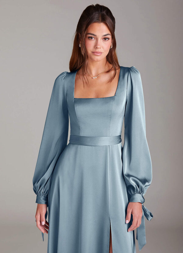 A-Line Satin Bridesmaid Dress with Slit & Bow