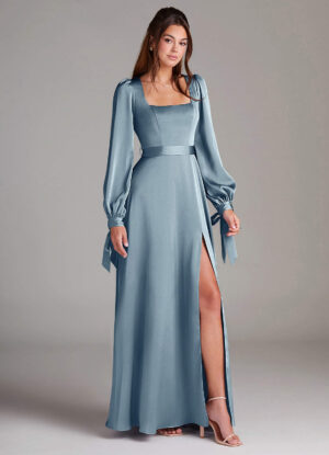 A-Line Satin Bridesmaid Dress with Slit & Bow