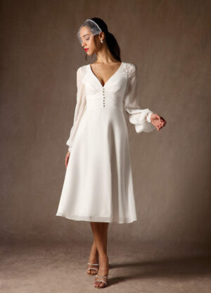 Romantic Beach Wedding Dress – A-Line, V-Neck, Long Sleeves