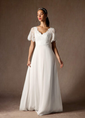 Elegant Custom Wedding Dress – V-Neck, Lace & Pockets