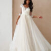 Vintage Custom Wedding Dress – V-Neck, Lace & Sweep Train