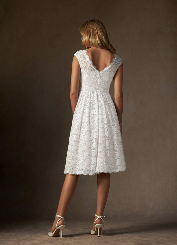 Chic Custom Wedding Dress – Knee-Length, Lace, Embroidered, & Cap Sleeves