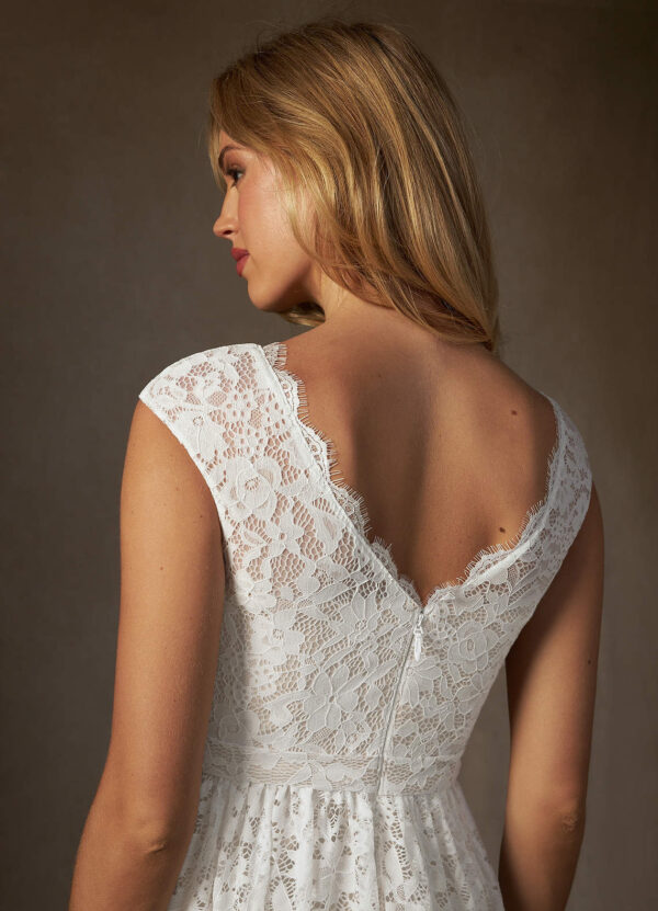 Chic Custom Wedding Dress – Knee-Length, Lace, Embroidered, & Cap Sleeves