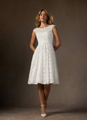 Chic Custom Wedding Dress – Knee-Length, Lace, Embroidered, & Cap Sleeves