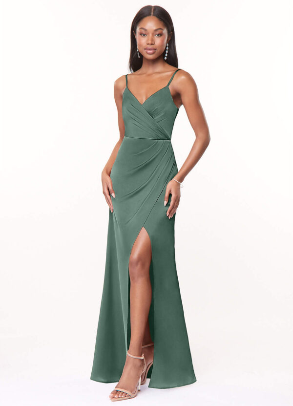 Elegant Bridesmaid Dress – A-Line, V-Neck, Pleated & Leg Slit