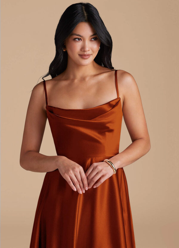 Metallic Satin Bridesmaid Dress – Cowl Neck & Slit
