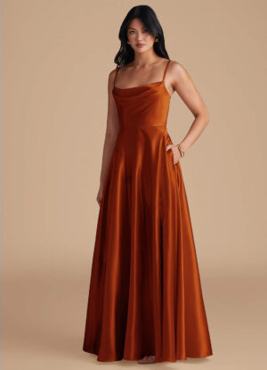 Metallic Satin Bridesmaid Dress – Cowl Neck & Slit
