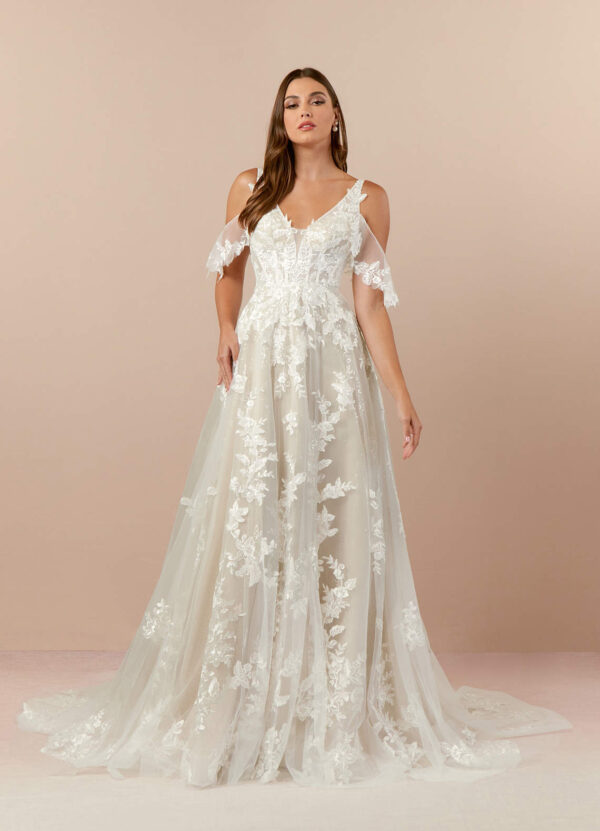 Sparkly A-Line Wedding Dress with 3D Lace & Chapel Train