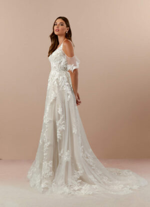 Sparkly A-Line Wedding Dress with 3D Lace & Chapel Train