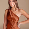 Elegant One-Shoulder Bridesmaid Dress – Metallic Satin & Pleated Design