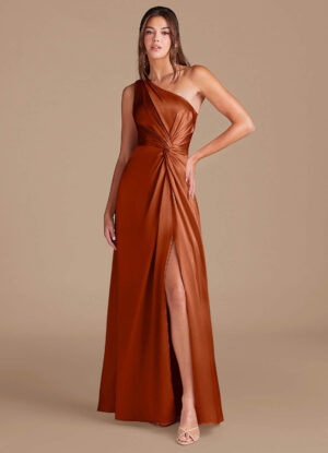 Elegant One-Shoulder Bridesmaid Dress – Metallic Satin & Pleated Design
