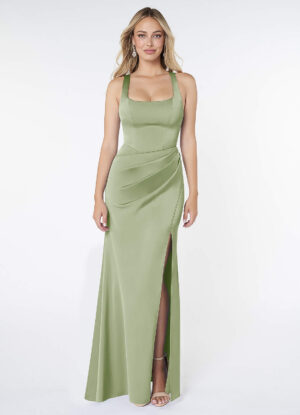 Custom Bridesmaid Dress – Square Neck, Leg Slit, Stretch Satin
