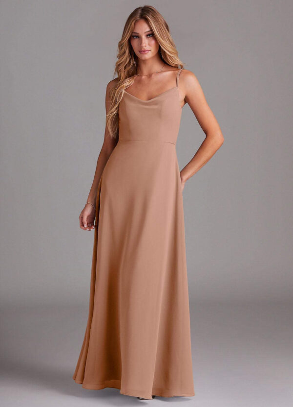 Elegant A-Line Bridesmaid Dress – Cowl Neckline & Spaghetti Straps