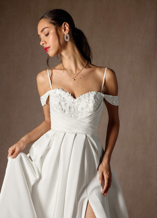Elegant Off-Shoulder A-Line Wedding Dress with Lace & Beading