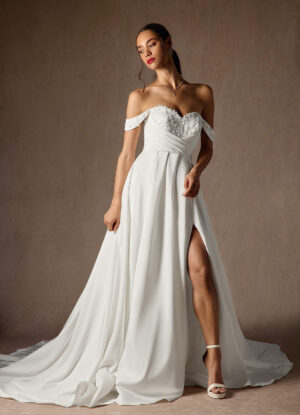 Elegant Off-Shoulder A-Line Wedding Dress with Lace & Beading