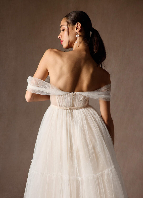 Tea-Length Off-Shoulder Tulle Wedding Dress