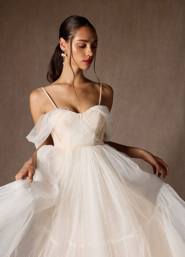 Tea-Length Off-Shoulder Tulle Wedding Dress