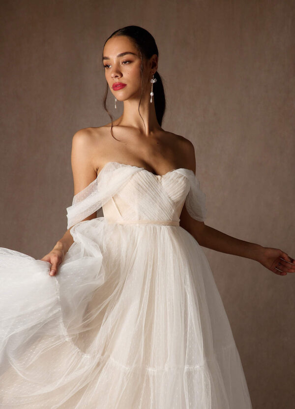 Tea-Length Off-Shoulder Tulle Wedding Dress