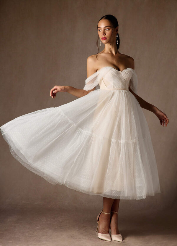 Tea-Length Off-Shoulder Tulle Wedding Dress