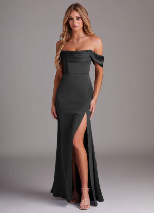 Off-Shoulder Bridesmaid Dress – Satin & Slit