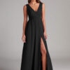 Elegant A-Line Bridesmaid Dress – V-Neck, Ruched & Pleated