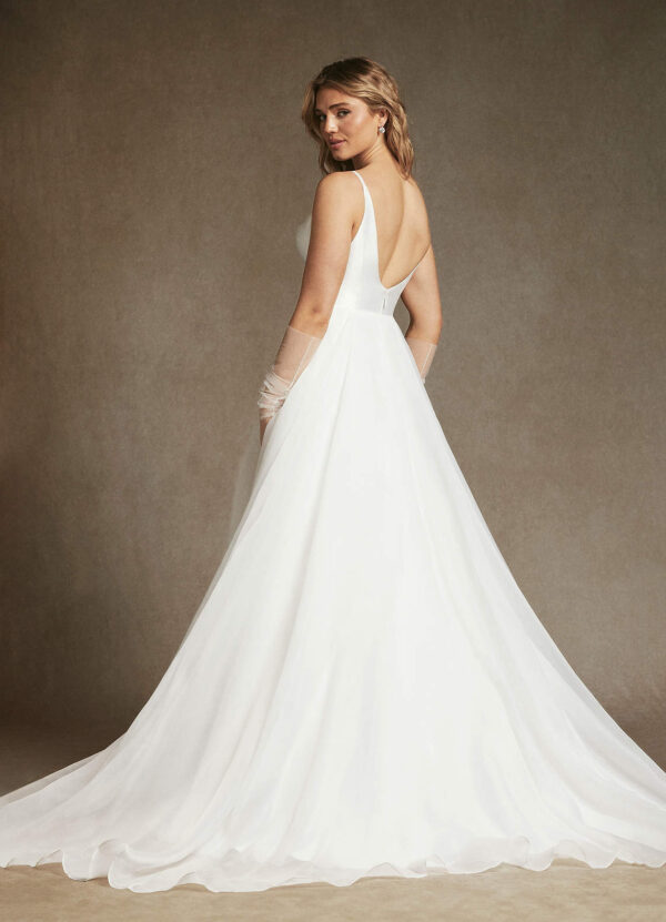 Elegant A-Line Wedding Dress with V-Neck & V-Back – Affordable & Customizable