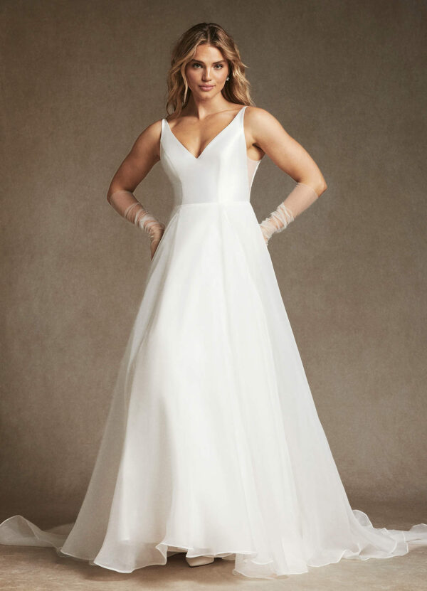 Elegant A-Line Wedding Dress with V-Neck & V-Back – Affordable & Customizable