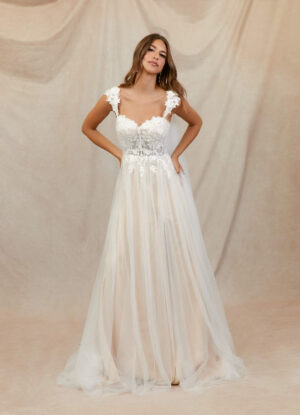 Boho Custom Wedding Dress – Lace, Beaded, & Leg Slit