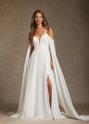 Boho A-Line Wedding Dress: V-Neck, Lace, Beaded, Chapel Train