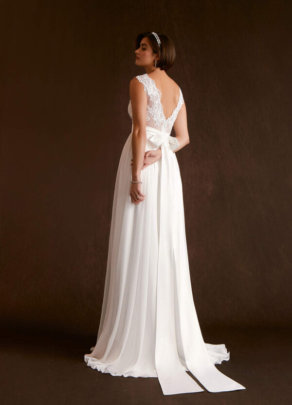 Elegant A-Line Wedding Dress with Embroidered Lace – V Back, Sleeveless