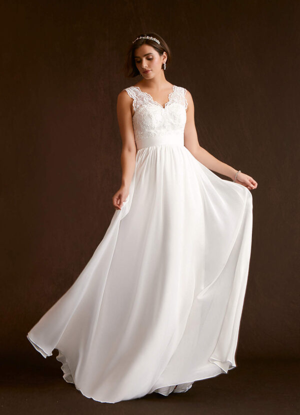 Elegant A-Line Wedding Dress with Embroidered Lace – V Back, Sleeveless