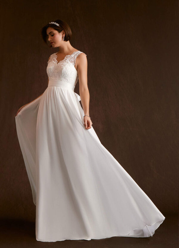 Elegant A-Line Wedding Dress with Embroidered Lace – V Back, Sleeveless