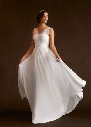 Elegant A-Line Wedding Dress with Embroidered Lace – V Back, Sleeveless
