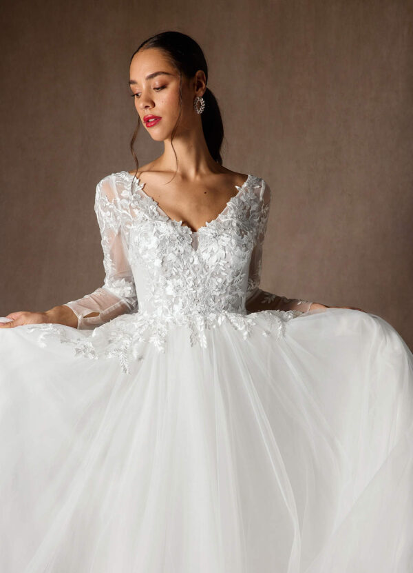 Romantic Custom Wedding Dress – V-Back, Beaded Lace & Long Sleeves