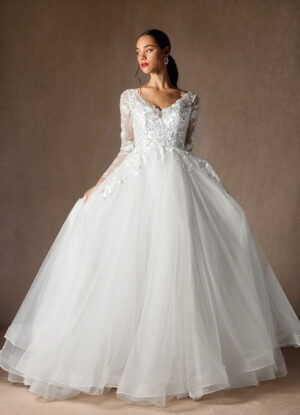 Romantic Custom Wedding Dress – V-Back, Beaded Lace & Long Sleeves