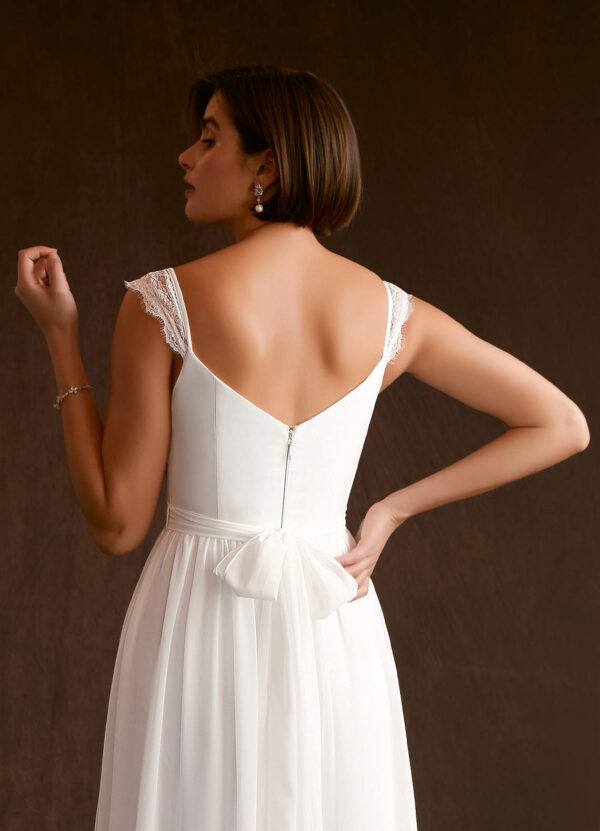Elegant Custom Wedding Dress – V-Neck, Lace & Cap Sleeves