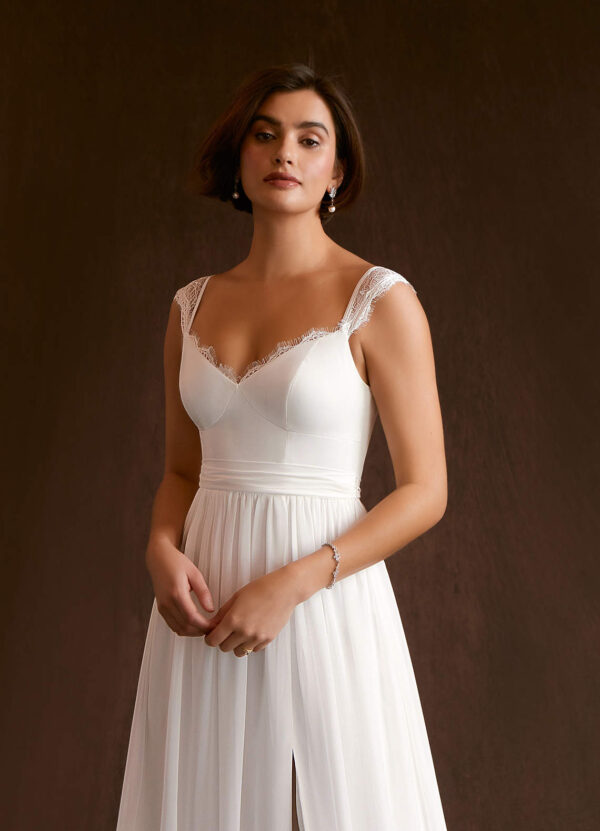 Elegant Custom Wedding Dress – V-Neck, Lace & Cap Sleeves