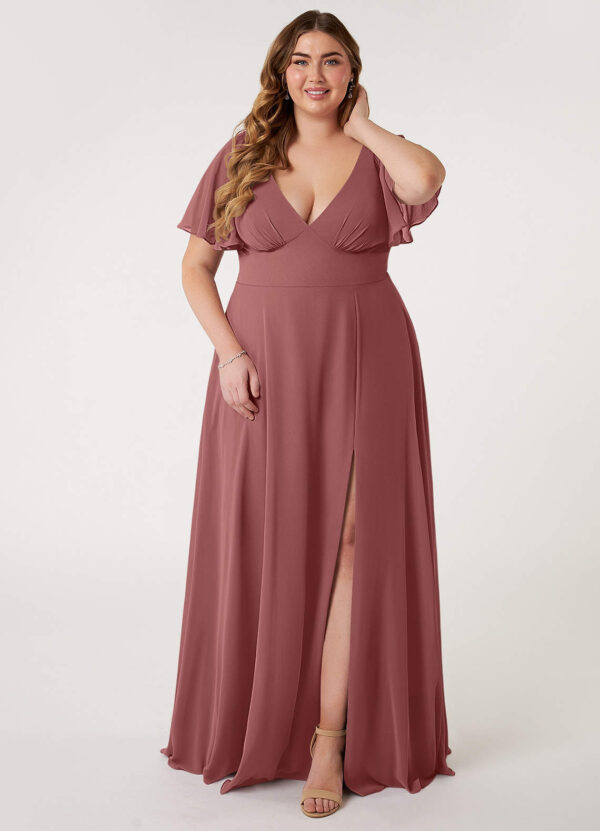 Elegant A-Line Bridesmaid Dress – V-Neck, Ruffle & Pleated Details