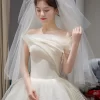 Off-Shoulder French Minimalist White Tulle Wedding Dress