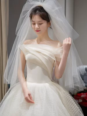 Off-Shoulder French Minimalist White Tulle Wedding Dress
