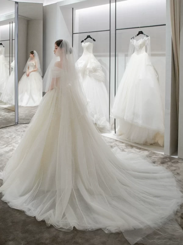 Off-Shoulder French Minimalist White Tulle Wedding Dress